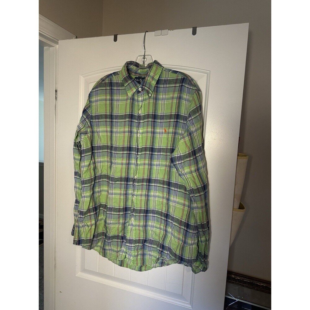 Ralph Lauren Mens 100% Linen Plaid Shirt Sz L Button down classic ocean wash